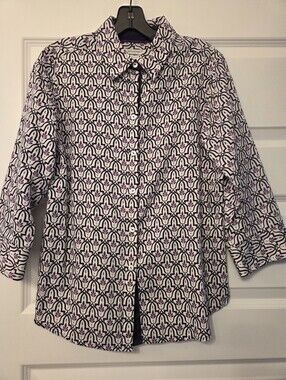 Foxcroft Geometric Print Button-Up Shirt in White & Purple And Black